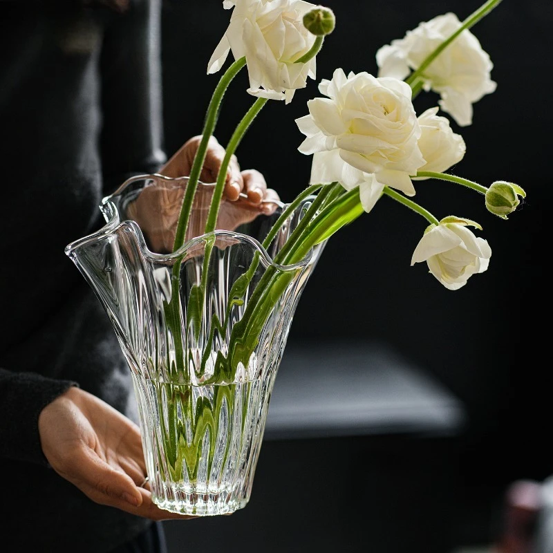 Simple style creative glass open cabbage vase wavy edge transparent purple home decoration ornament