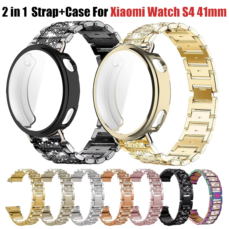 Edelstahl-Diamantarmband + TPU-Schutzhülle 2 in 1 für Xiaomi Watch S4 41mm Metallarmband mit vollständiger Abdeckung und Gehäuse.