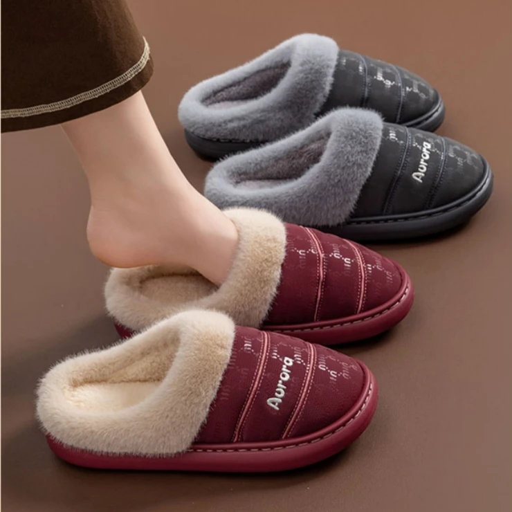 New Unisex Winter Warm Fluffy Plush Slippers Non-Slip Solid Color Flat Mule Slides Cotton Home Casual Shoes for Men And Women