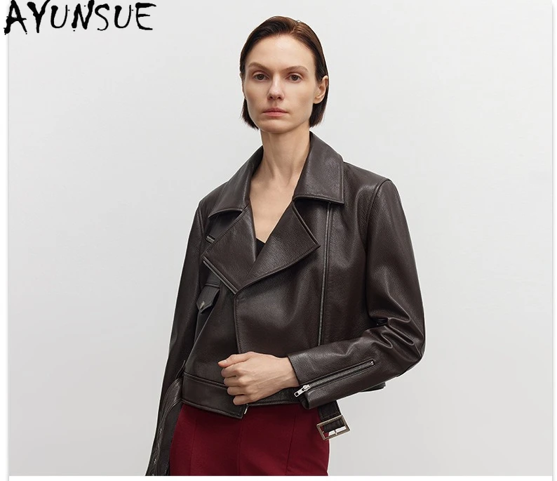 AYUNSUE High-end หนังแพะของแท้หนังแจ็คเก็ตผู้หญิง 2025 สีดําแจ็คเก็ตสตรีฤดูใบไม้ผลิฤดูใบไม้ร่วงเสื้อผ้า Slimха Ж
