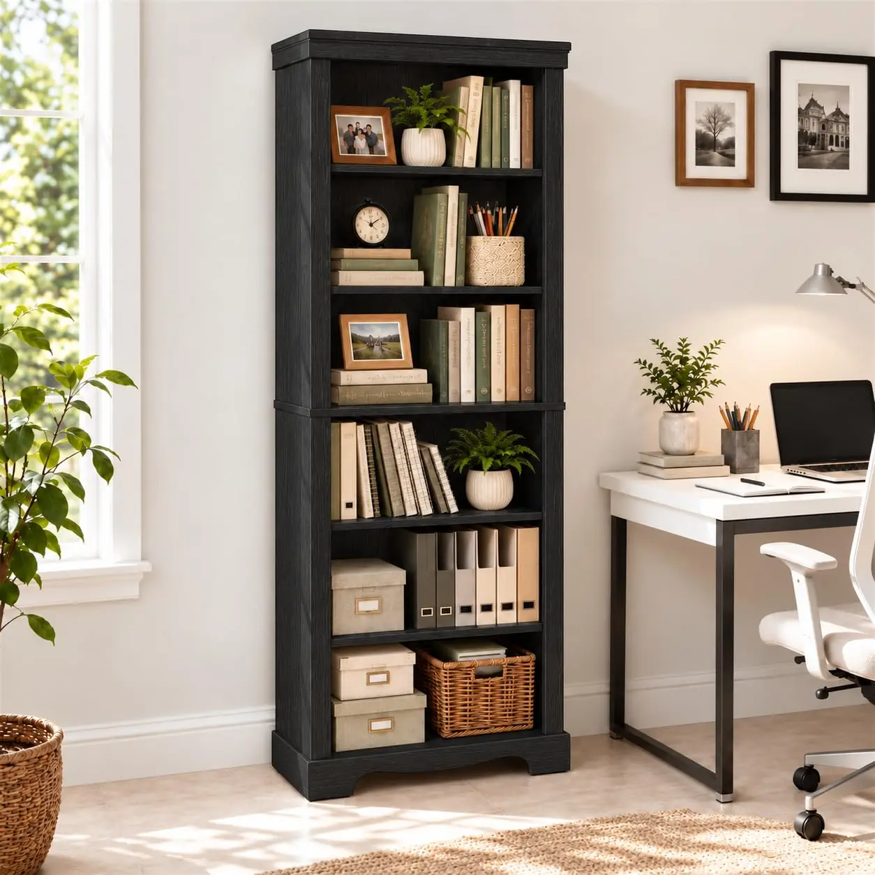 6-Tier Bookshelf, 73 inch Tall Bookcase, Black, Anti-Tipping