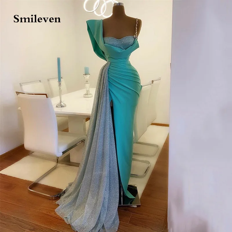 

Smileven Blue Glitter Mermaid Evening Dresses Beading Straps Prom Dress Side Split Saudi Arabia Straps Party Dress 2023