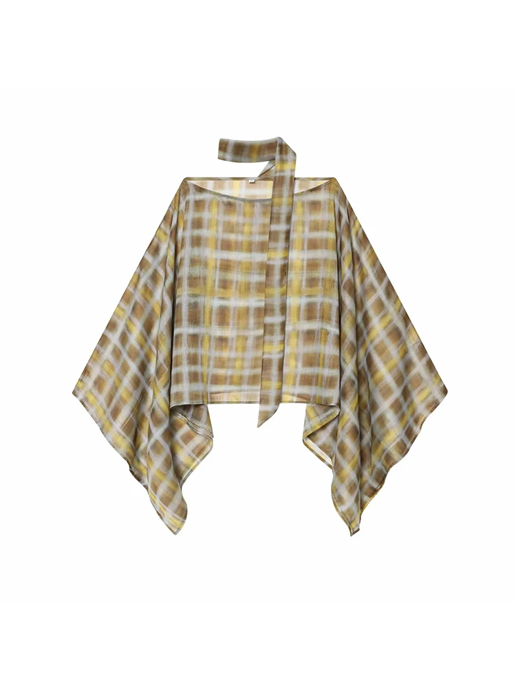 

Women Shirt Plaid Scarf Cloak Round Neck Wide Sleeves Loose Pullover Shirts Fashion Street Casual Women's Streetwear