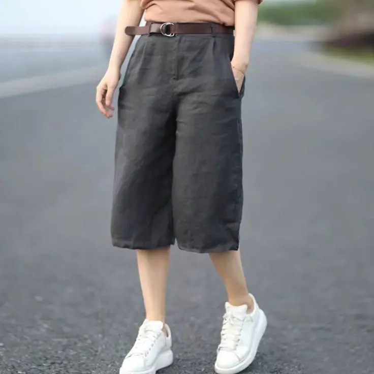 

Cotton Linen Wide Leg Pants High Waist Commute Sle Artistic Loose Fit Five-Quarter Length Casual Summer Trousers