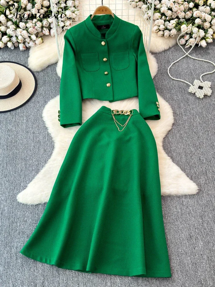 

Casual Business Suits Women 2024 Autumn French Commuting Single-breasted Blazer Tops High Waist A-line Long Skirt Two-piece Set