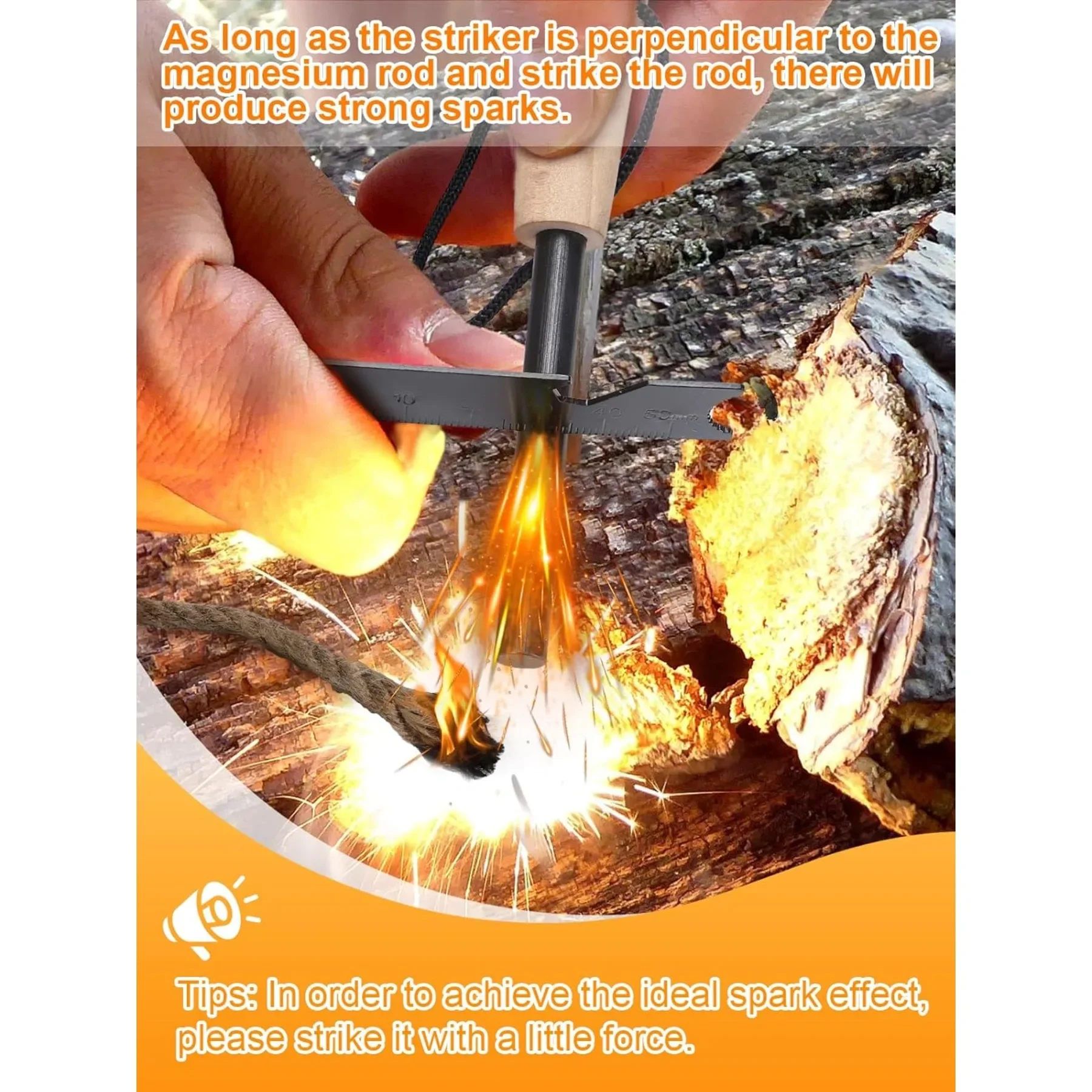 أداة النجاة في كاتب النار، مجموعة أدوات تشغيل النار تتضمن قضيبًا من المغنيسيوم، قطعتان من حبل القنب الفتيل وحقيبة خارجية متعددة الوظائف