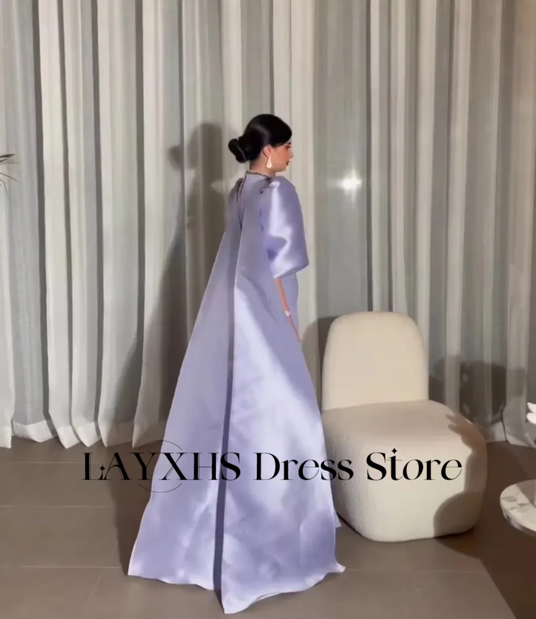LAYXHS فساتين سهرة رائعة باللون الأرجواني برقبة دائرية حورية البحر منتفخة نصف كم مطرز بفتحة جانبية فساتين لحضور الحفلات الموسيقية مخصصة Fساتين