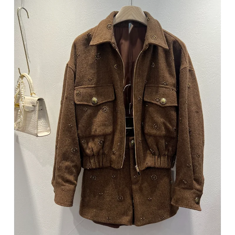 Women Fashion Embroidered Lapel Short Coat+High Waist Shorts Two-piece Small Fragrant Brown Grey Tweed Casual Lady Suit