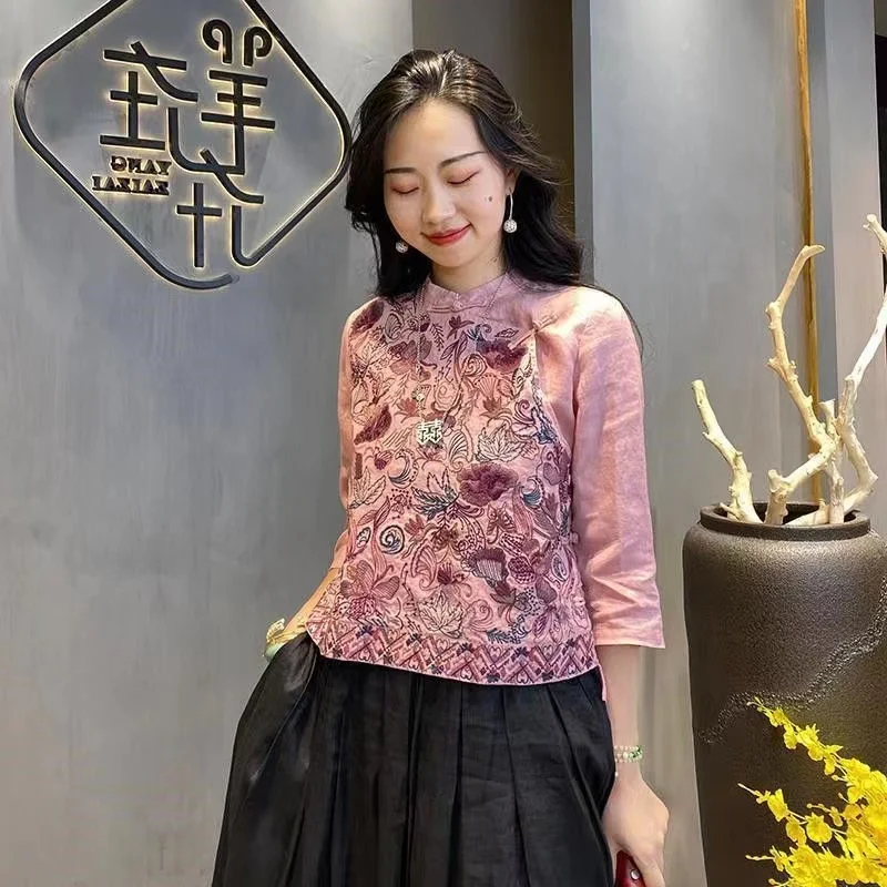 

Женская блузка с вышивкой и сложной отделкой, короткий рукав, китайский дизайн с пуговицами, хлопок, летняя, модная