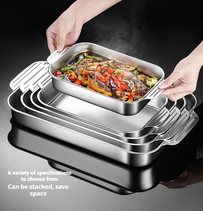 Double-handled stainless steel multi-function fish pot with lid, featuring a striped non-stick bottom, ideal for home kitchens