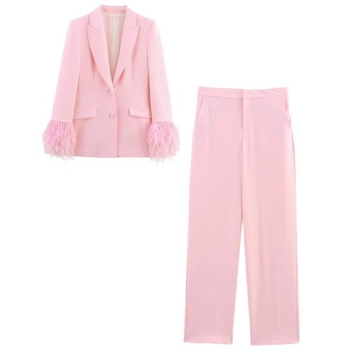 Imagen 2 del producto HXAO-Conjunto de pantalón de plumas rosas para mujer, conjunto de dos piezas, traje de manga larga, ropa de oficina, conjuntos de pantalones de cintura alta, 2025