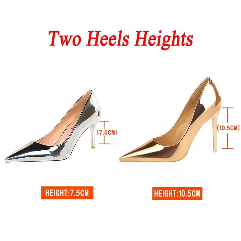 Women Fashion 7.5cm 10.5cm Glossy Leather New High Heels Lady Daily Party Low Heels Prom Fetish Gold Silver Drag Queen Pumps