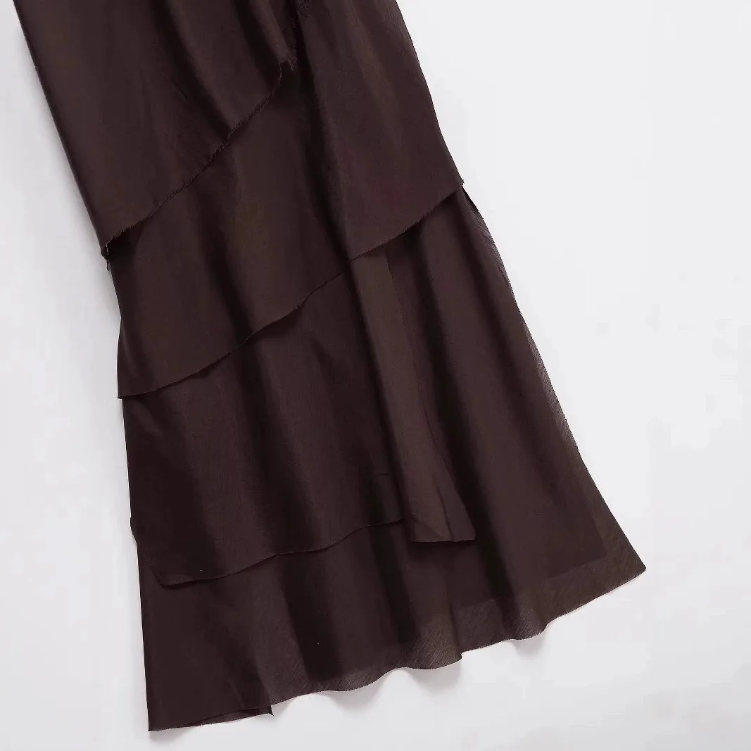 Printkaair elegante sexy vestido feminino marrom em camadas babados com decote em v assimétrico vestido longo nova moda verão férias praia vestido