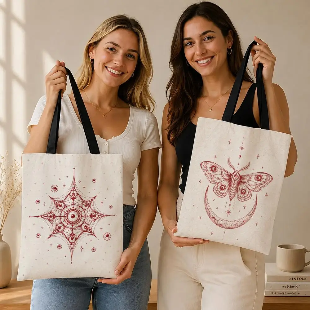 Hand-Drawn Halloween Whimsical Style Storage Bags Canvas  bag suitable for work school and daily commutes, reusable shopping bag