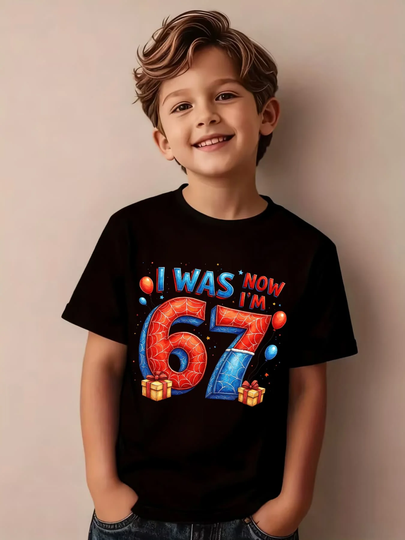 Spider Web Digit 67 Balloon Gift Birthday Print Family Matching Cotton Tees Short Sleeve Tops For Mom Dad Boys Girls Daily Wear