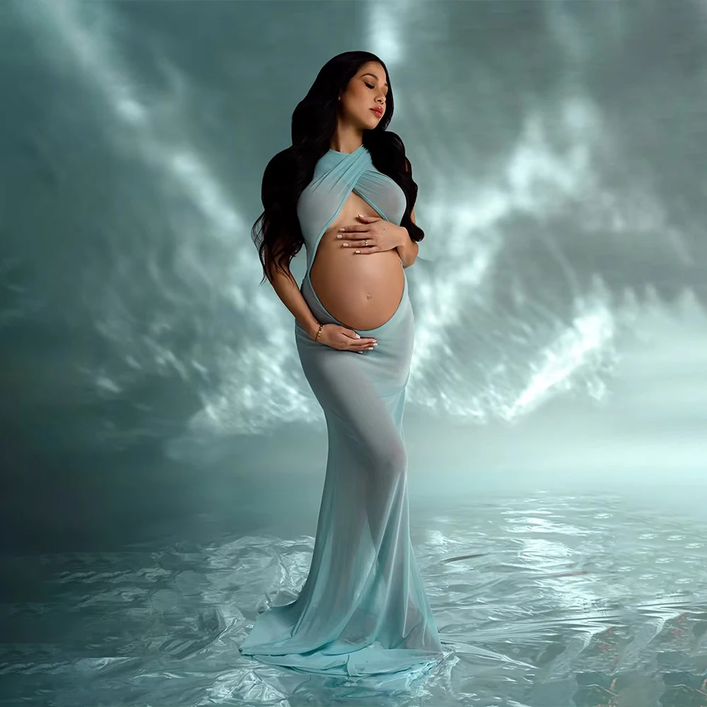 Sky Blue Maternity Dress Photoshoot Sexy Sheer Gowns Comfortable Stretch Mesh Open Front & Back Baby Shower Dresses For Women's