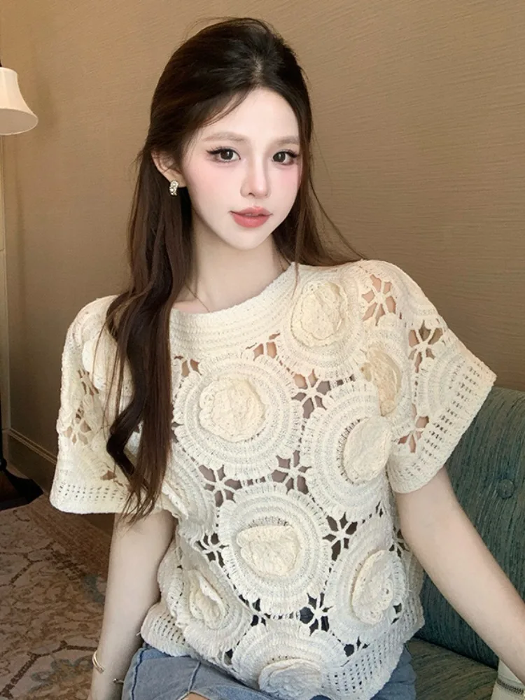 

Ladies' Summer Knitted Short Sleeve Hollow out round Neck Top Loose Fit White Beautiful Short Style Korean Version Commute Wind