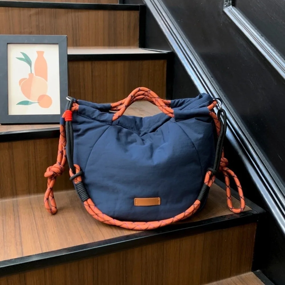 Contrast Color Drawstring Shoulder Bag Multi-pocket Large Capacity Tote Bag Korean Style Webbing Nylon Crossbody Bag Commute