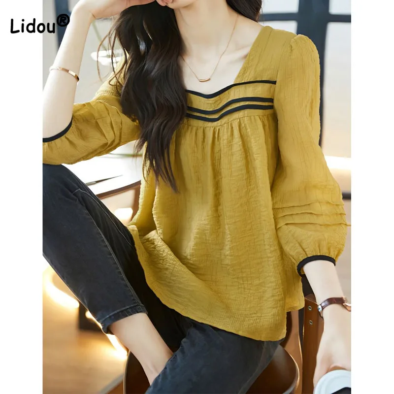 

Sweet Fashion Contrast Color 3/4 Sleeve Blouse for Female Korean Loose Spliced Square Collar Shirt Summer New Women's Clothing
