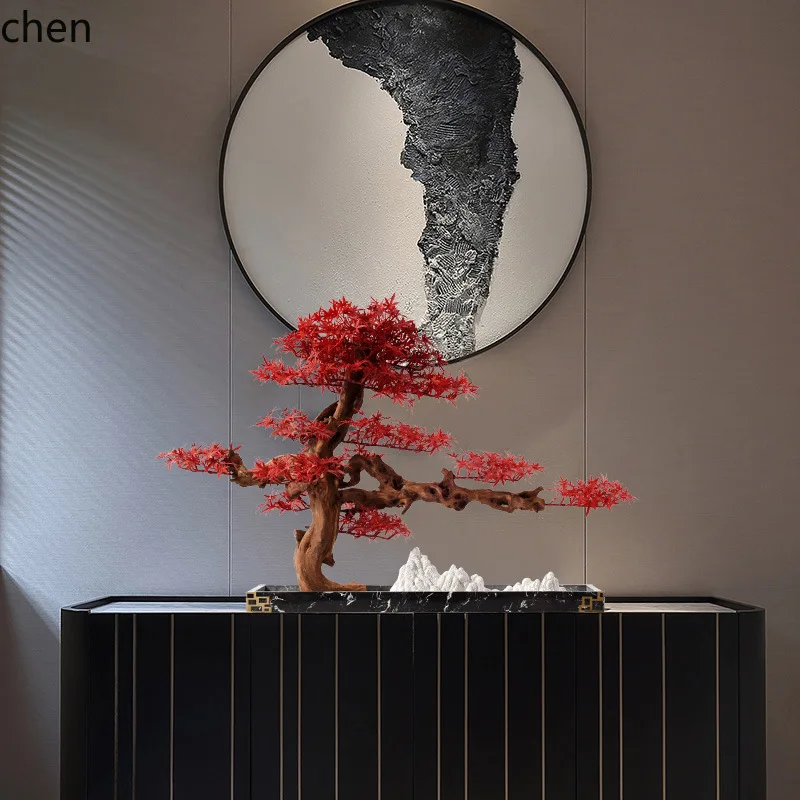 CZ Zen Style Artificial Red Maple Leaf Welcoming Pine Ornament Coffee Table Side Cabinet Bonsai Hallway Decoration