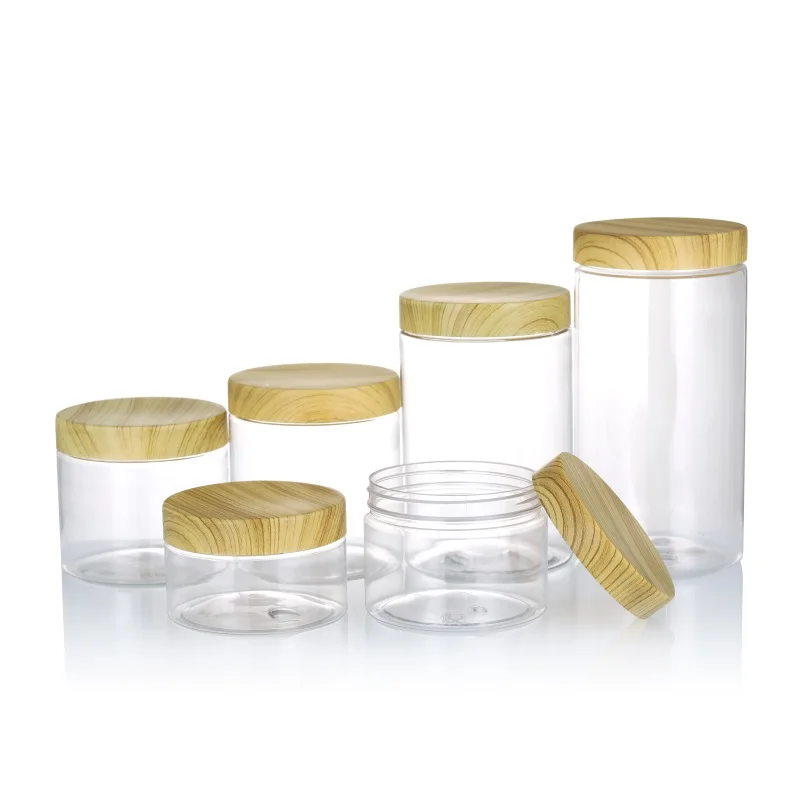 

Transparent matte plastic jar care hand Engraving Wide Mouth Empty Container Frosted clear Plastic Cosmetic Pet with Bamboo Lid
