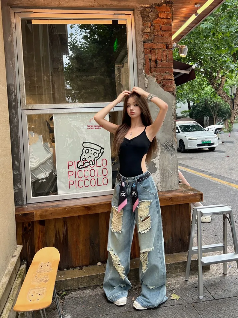 

Сексуальный модный женский джинсовый комплект из двух предметов: брюки с широкими штанинами и укороченный топ без бретелек, летний повседневный наряд