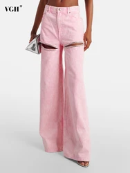 VGH High Street Spliced Diamonds Denim Trousers for Women High Waist Hollow Out Patchwork Pocket Wide Leg Pants  Female Style