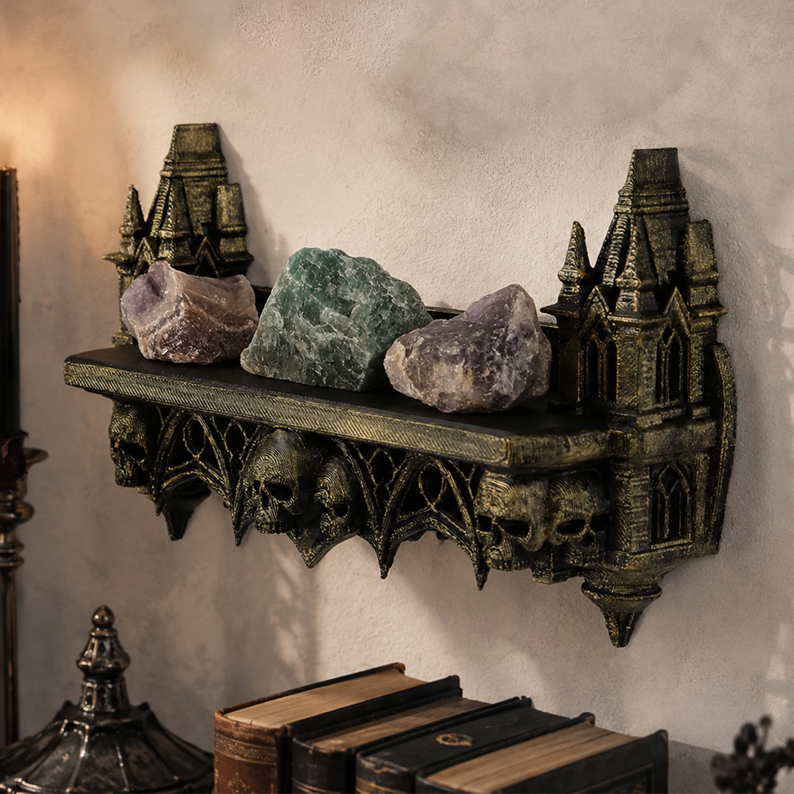 Cross-border Gothic Castle Skull Wall Shelf Resin Wall Rack Crystal Stone Candle Figurine Display Decor
