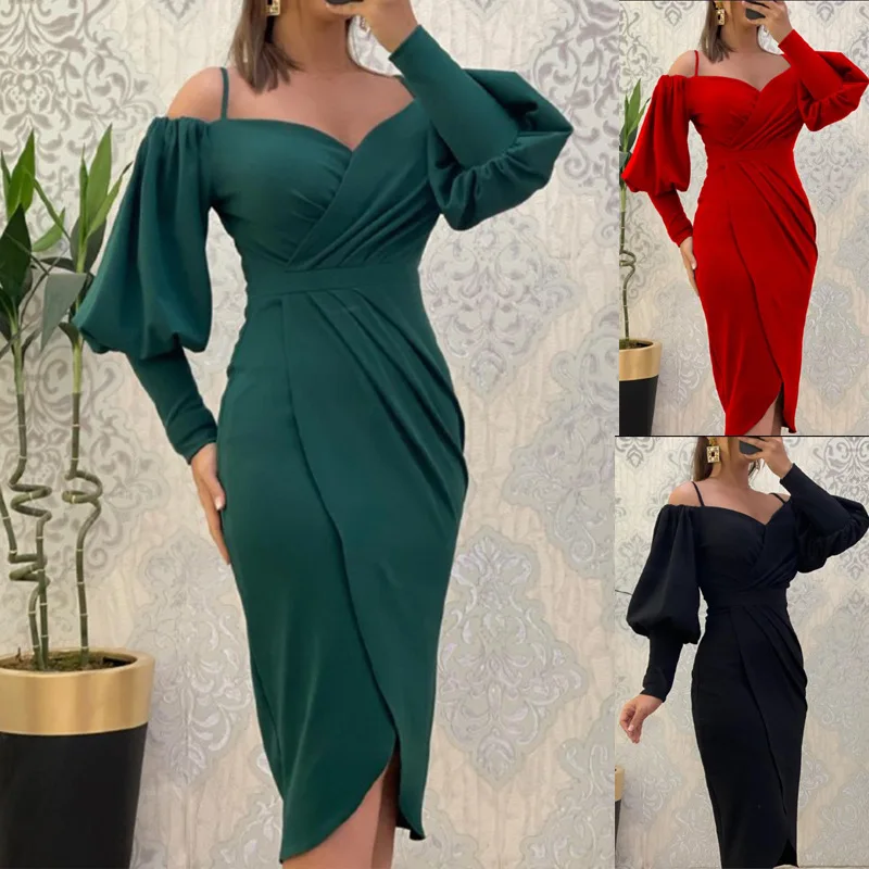 New Style Off-shoulder Lantern Sleeve Waist-cinching Pleated Clothes Wedding Dress Clothes Femme Boho Clothing