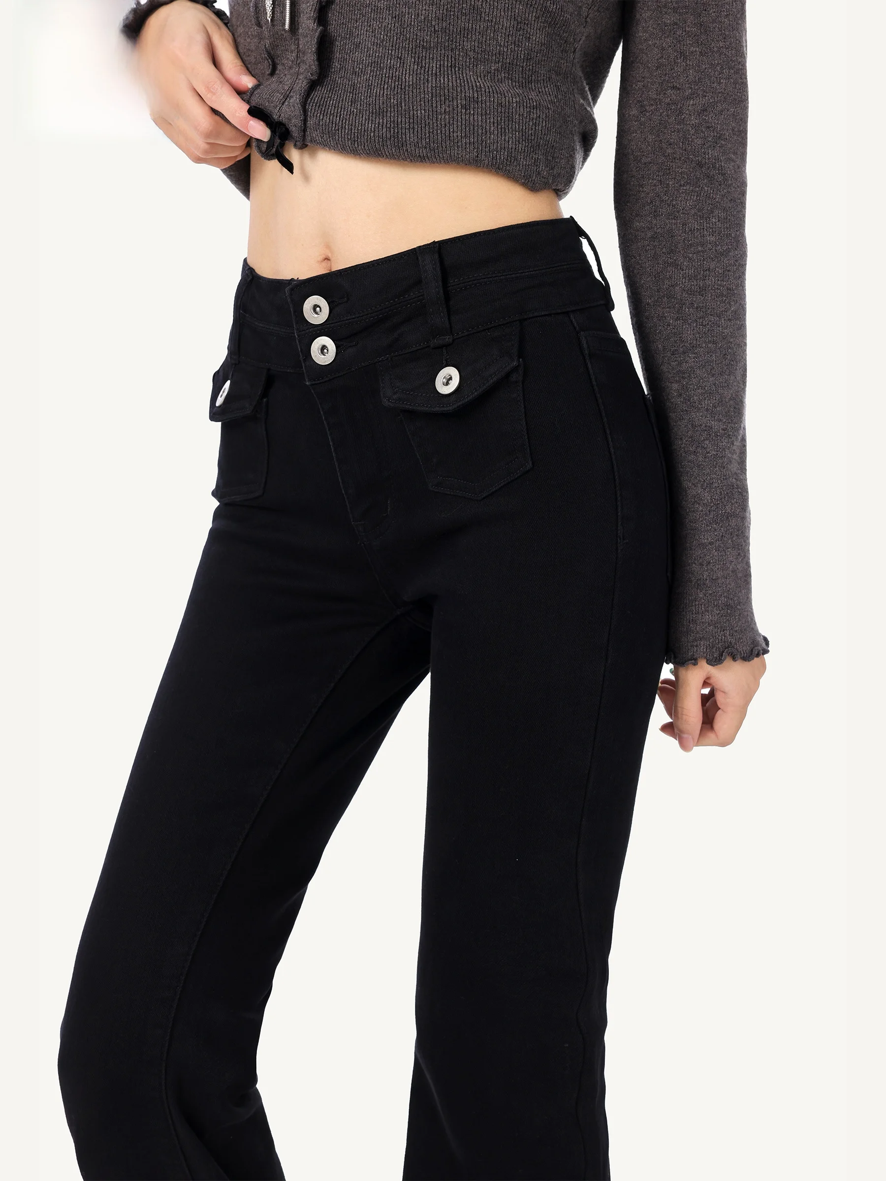 

Женские черные джинсы-клеш с низкой талией, облегающие, повседневный стиль, стандартный крой, смесь хлопка и полиэстера