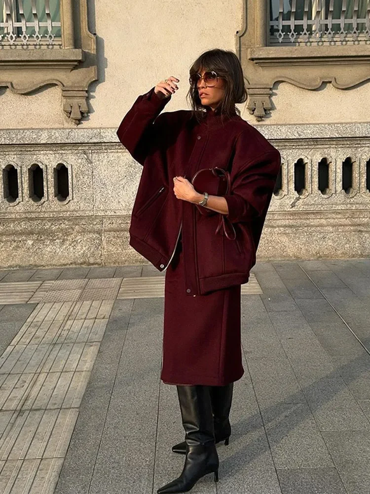 Chic Stand Neck Zipper Burgundy Woolen Coat Women Casual Long Sleeve Button Pocket Thick Jacket 2024 Lady New Highstreet Outwear