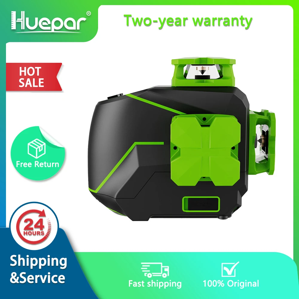 Huepar 12 lines 3D Cross Line Laser Level Self-leveling Green Beam Vertical & Horizontal with USB Charger Use Dry Li-ion Battery