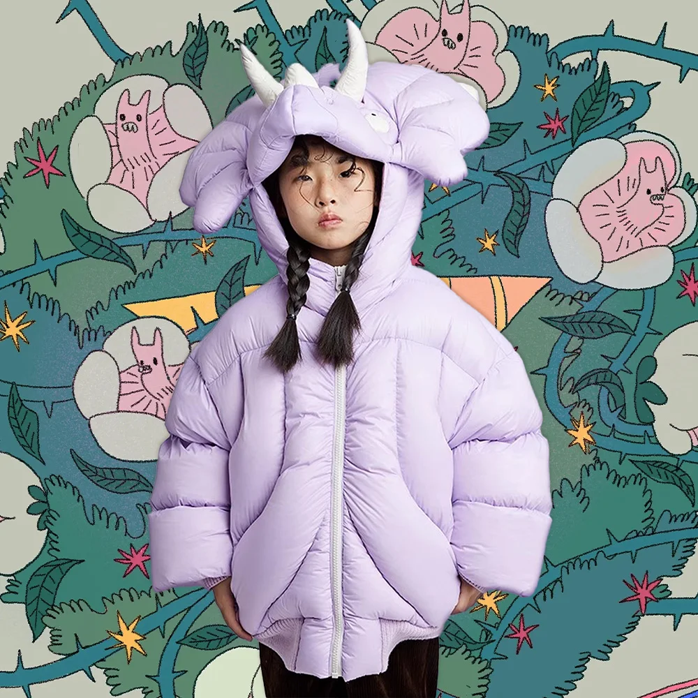 

NIGO Children's Autumn And Winter Triceratops Jacket Thickened Short Zipper Loose Hooded Puffer Down Jacket #nigo31322