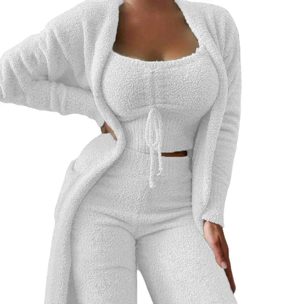 3 Pcs/Set Trendy Autumn Pajamas Set  Loungewear Pockets Lady Nightie Set  Scoop Neck Long Coat Tops Pants Suit