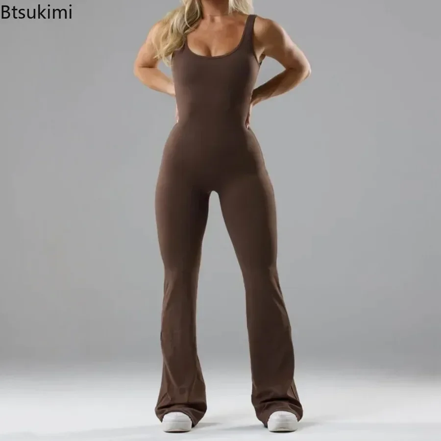 Jumpsuit Punggung Cantik Berongga Mode 2025 untuk Wanita Celana Flare Ramping Romper Tanpa Lengan Bodysuit Yoga Kebugaran Lari Wanita