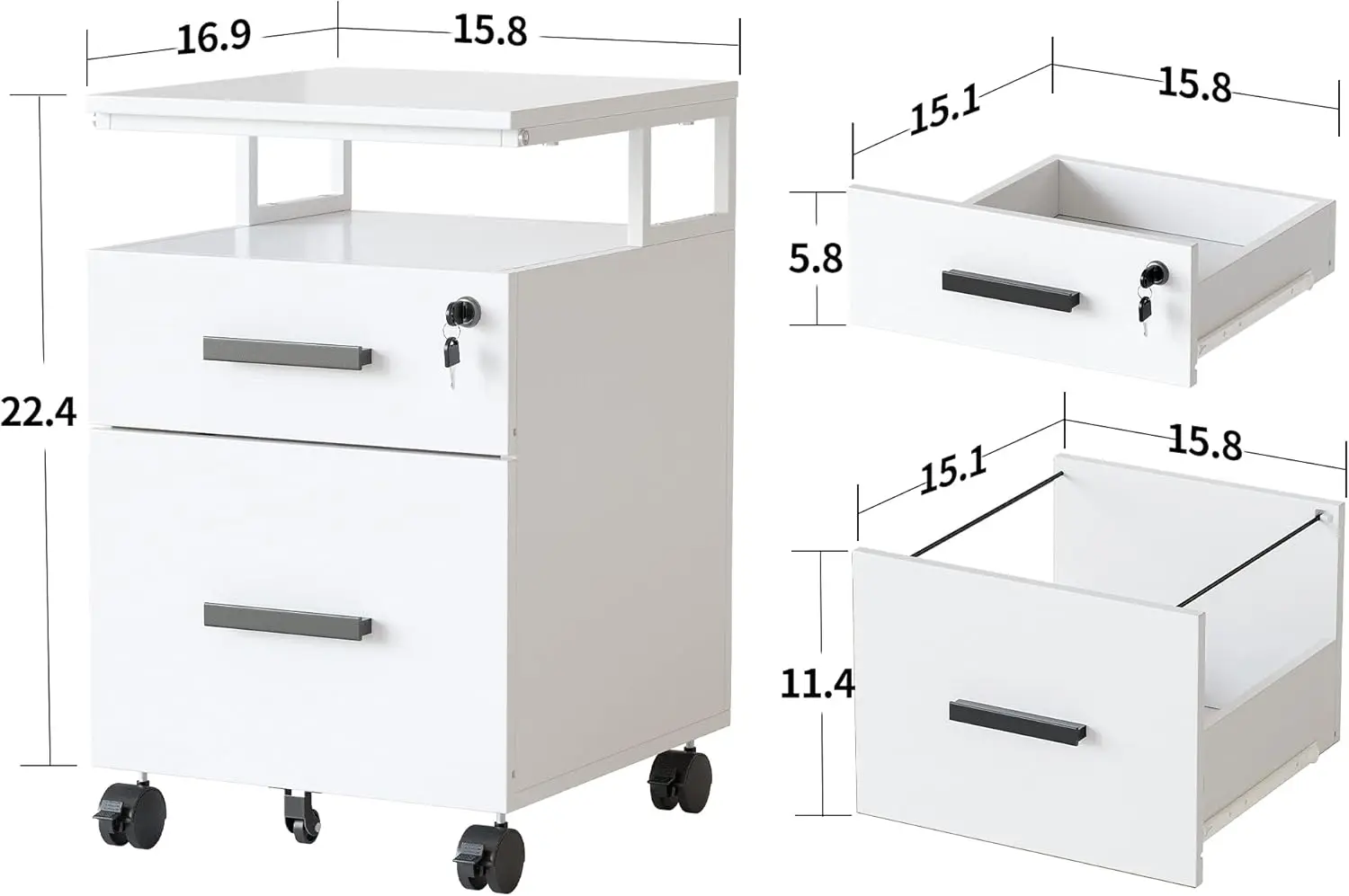 Schedario a 2 cassetti con serratura per ufficio a casa, formato lettera, supporto per stampante, schedario Mobile in legno, bianco