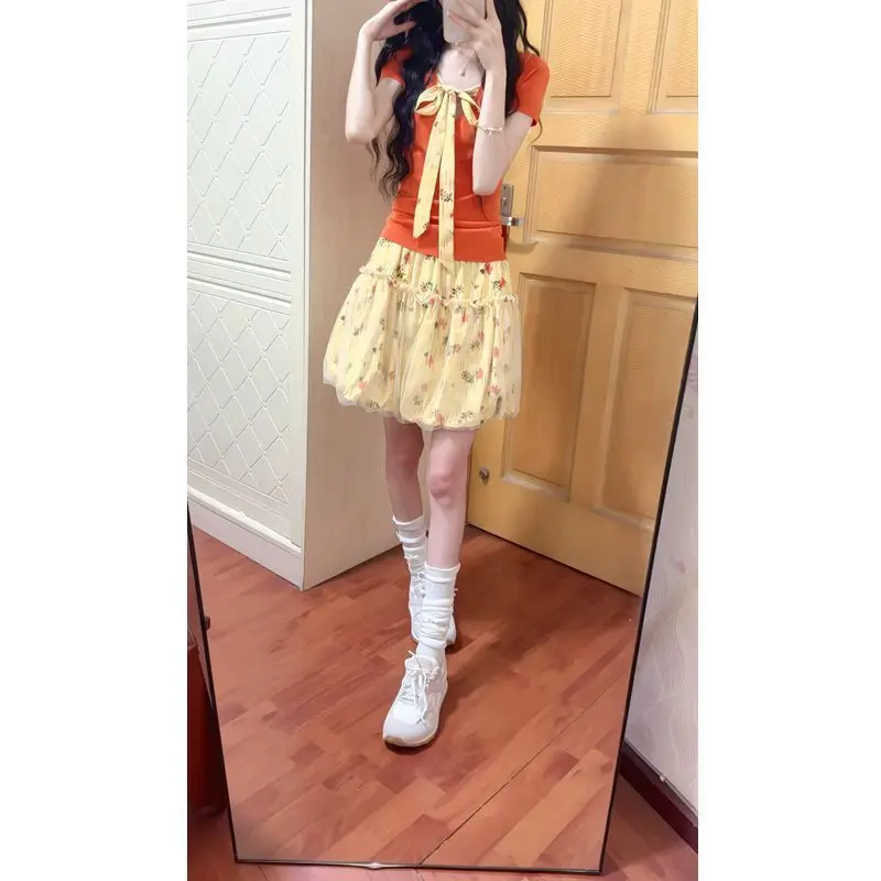 

Onalippa Women Fashion Korean 2026 Summer New Sweet Girl Flirty Color Block Strappy Bodycon Knit Top Skirt Set