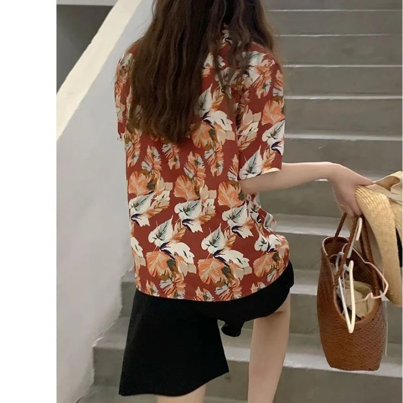 Vintage Printing Shirt Tops Summer New Short Sleeve Floral Polo Neck Loose Street Casual Blouse Fashion Trend Women Clothing