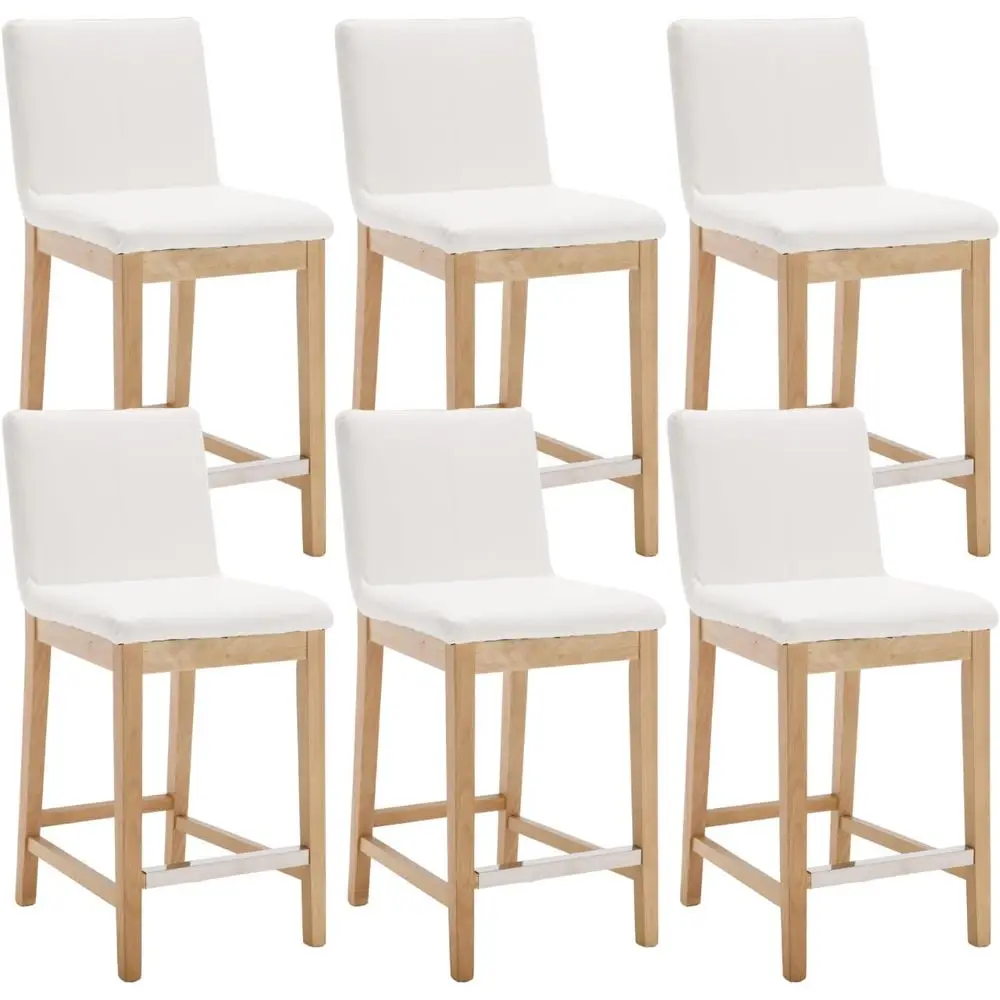 

Набор из 6 барных стульев с кожаной обивкой, спинкой и ножками из состаренного дерева, высота 26 дюймов, белые.