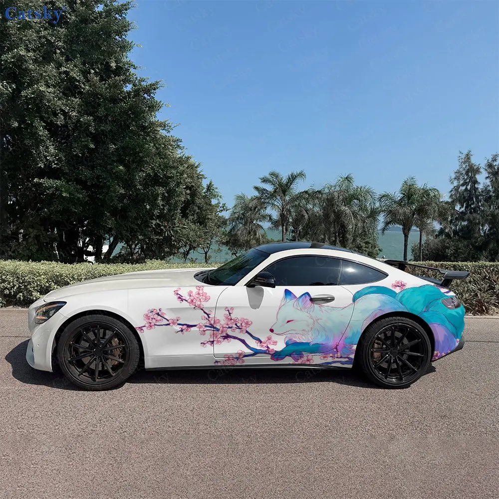 

2pcs Sakura Fox Fantasy Realm, Durable, Fade-resistant, Enhance Vehicle Aesthetics With Bold Artistic Design Car Vinyl Wraps