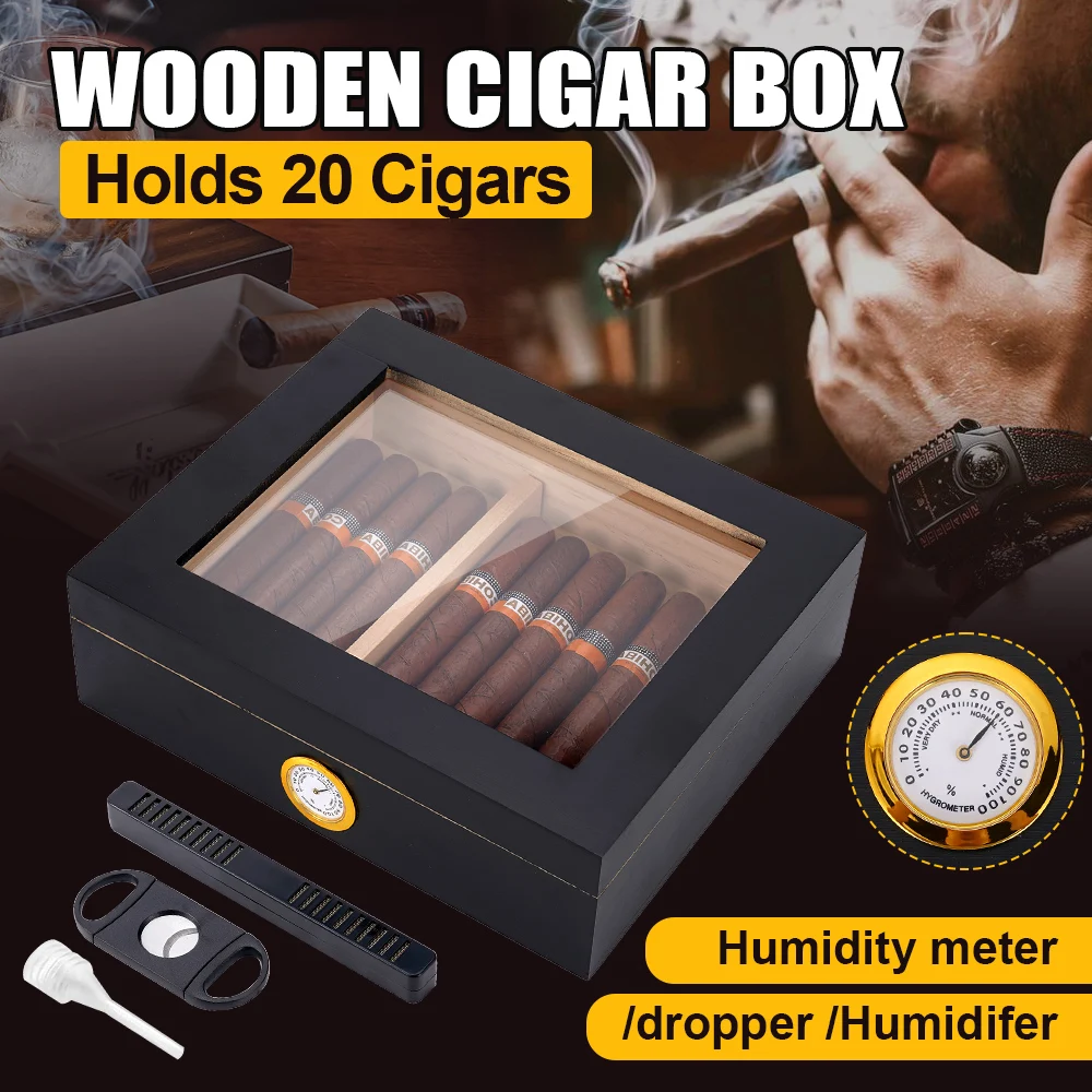 

20-30 Cigar Humidor Cedar Wood Humidor Cigar Box Glass Top Desktop Humidor with Front Hygrometer Humidifier Accessories Set
