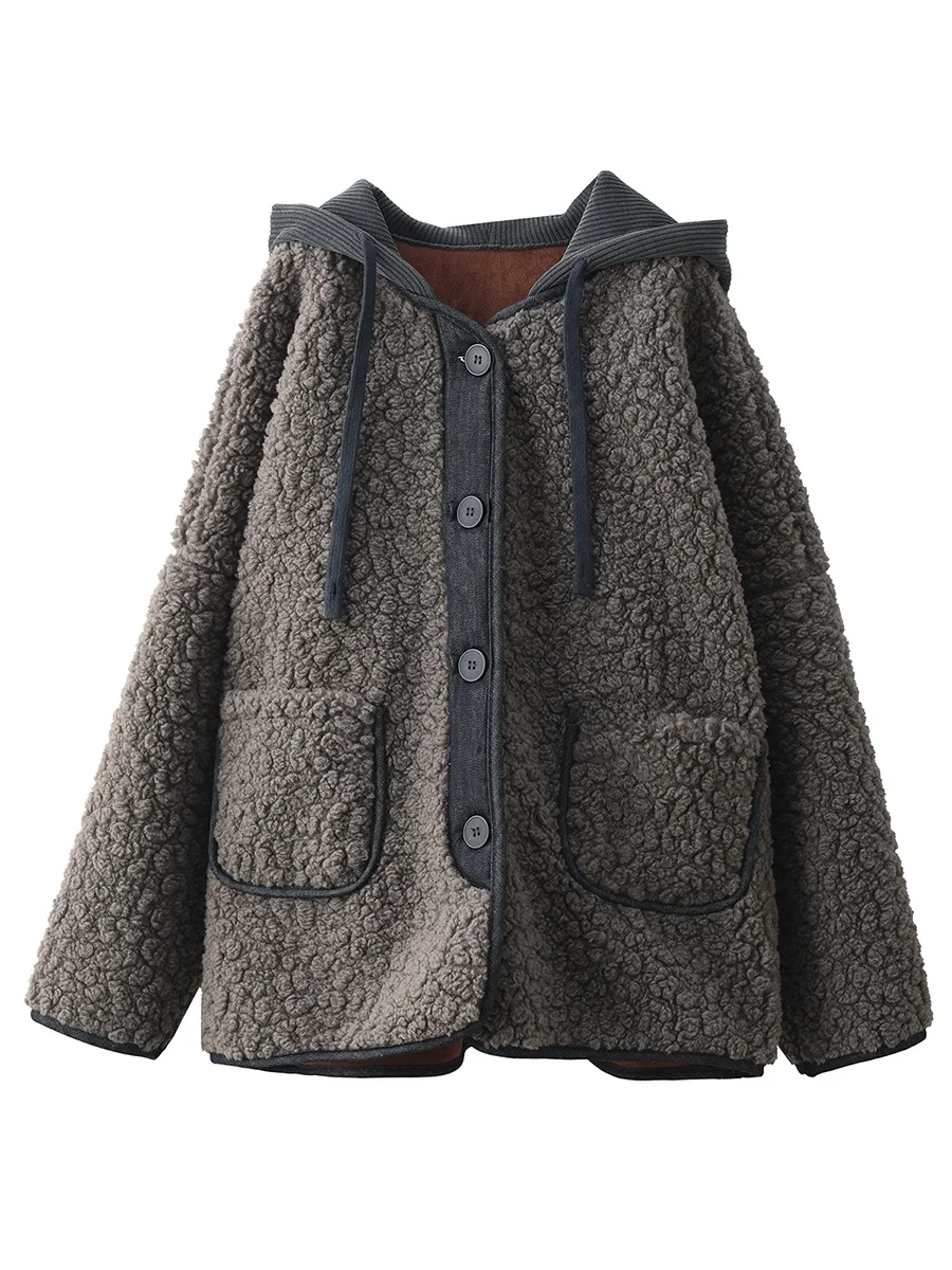 เสื้อโค้ทหนังแกะกำมะหยี่มีฮู้ดสำหรับผู้หญิง แฟชั่น ซับในหนังกลับ อุ่นสบาย เสื้อคลุมฤดูหนาว หนังและขนสัตว์