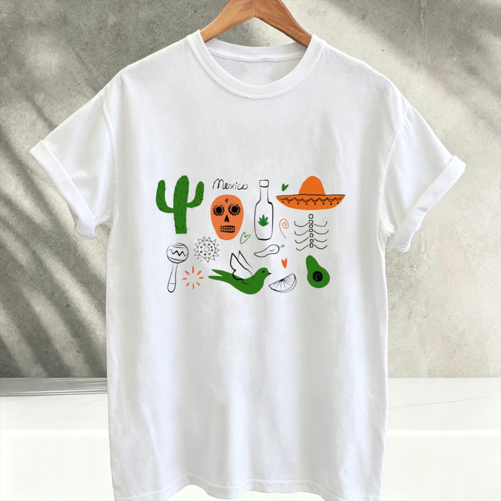 Mexico Culture Doodle Graphic T‑Shirt Men Cactus Sugar Skull Sombrero Avocado Print Tee Casual Crew Neck Short Sleeve Tops Gift