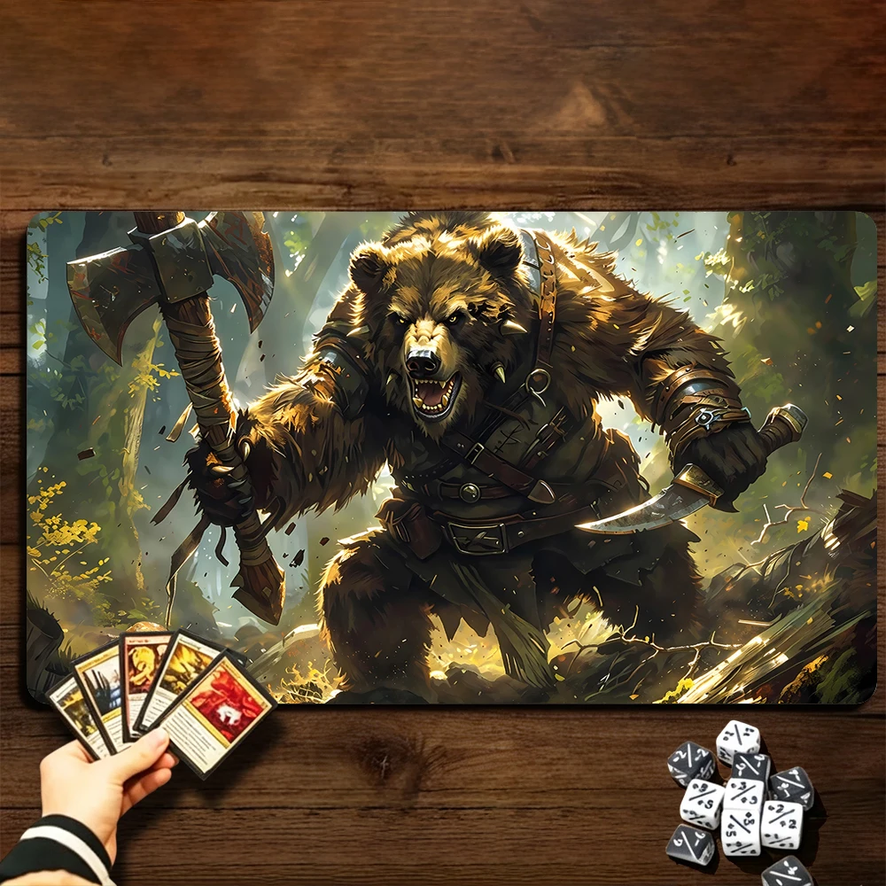 Fierce Bear Warrior TCG Playmat Magic Playmat with Stitched Edge Anti-slip base 60X35cm Gathering Gaming Mat Trading Card Game