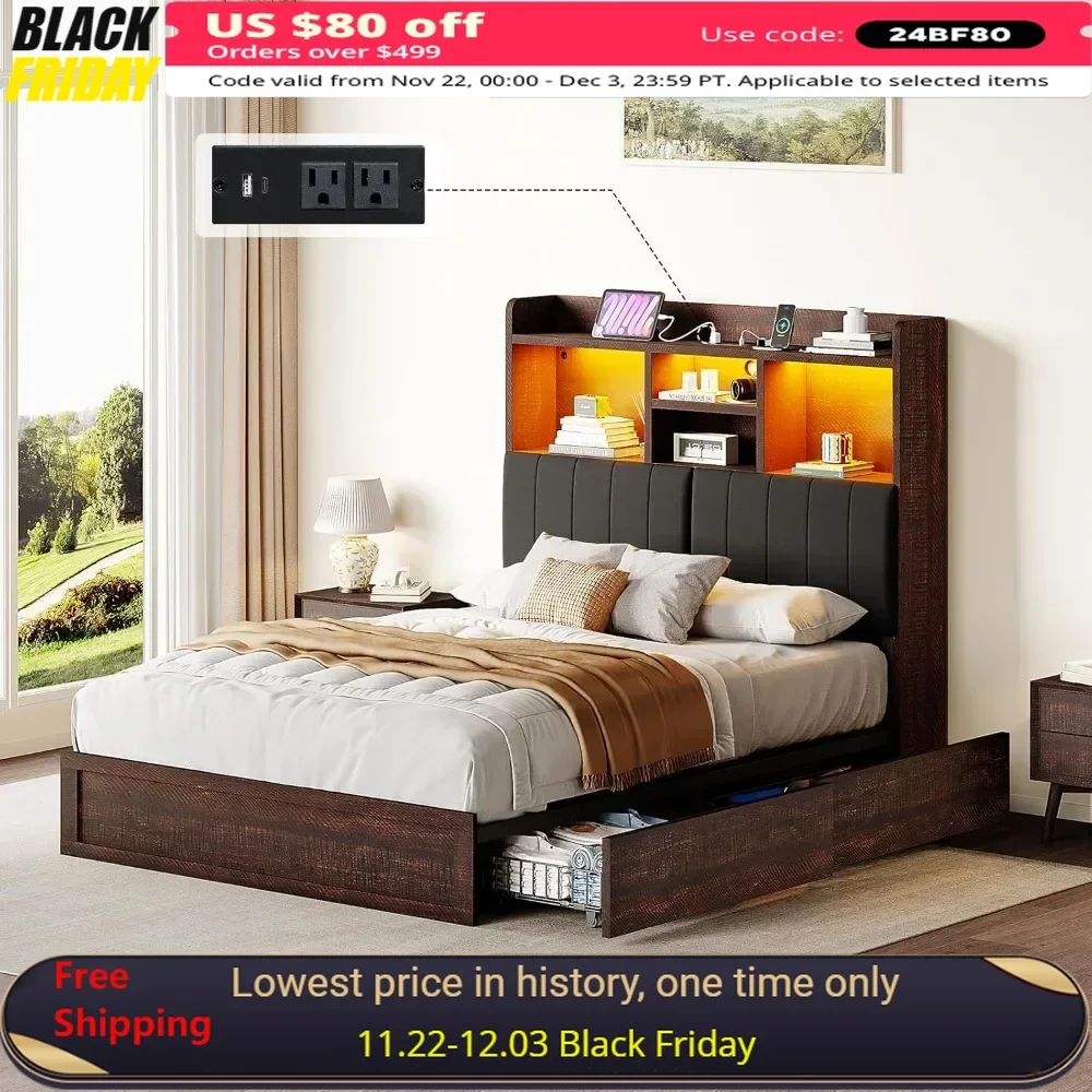 Full Bed Frame with Bookcase Headboard 4 Storage Drawers   Charging Station, Slats Support, No Box Spring Needed，LED Bed Frame