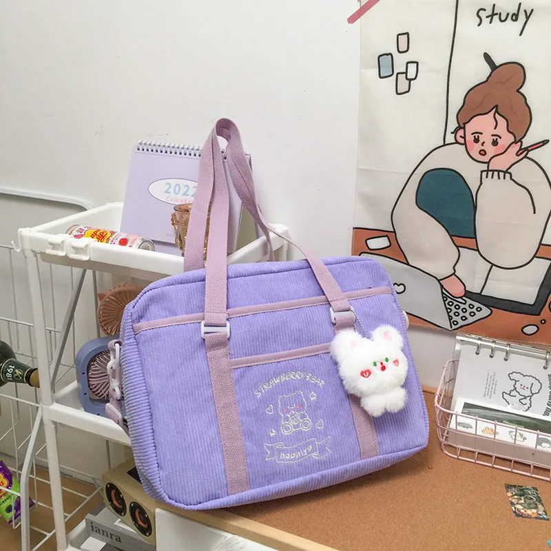 Japanese JK Shoulder Bags for Women Solid All Match Canvas Uniform Crossbody Bag Cute Cartoon Bear Handbag 2024 Bolso Mujer