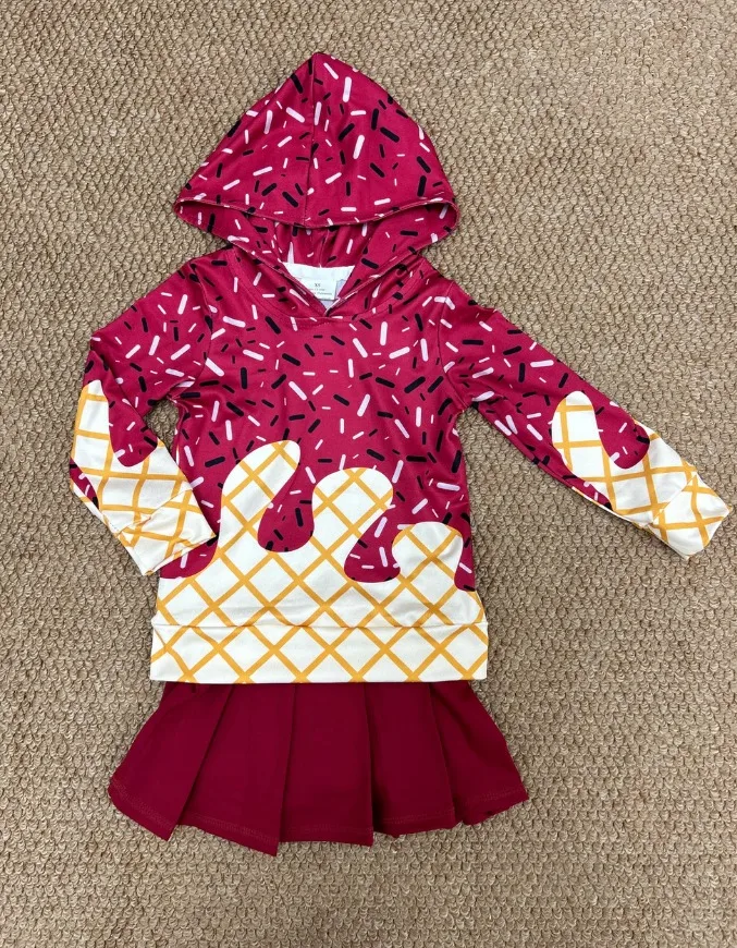 Girls Hoodie Ice Cream Design Red Yoga Skirt Suit Wholesale Boutique New Arrivals Children's Fashion Comfortable Active Wear