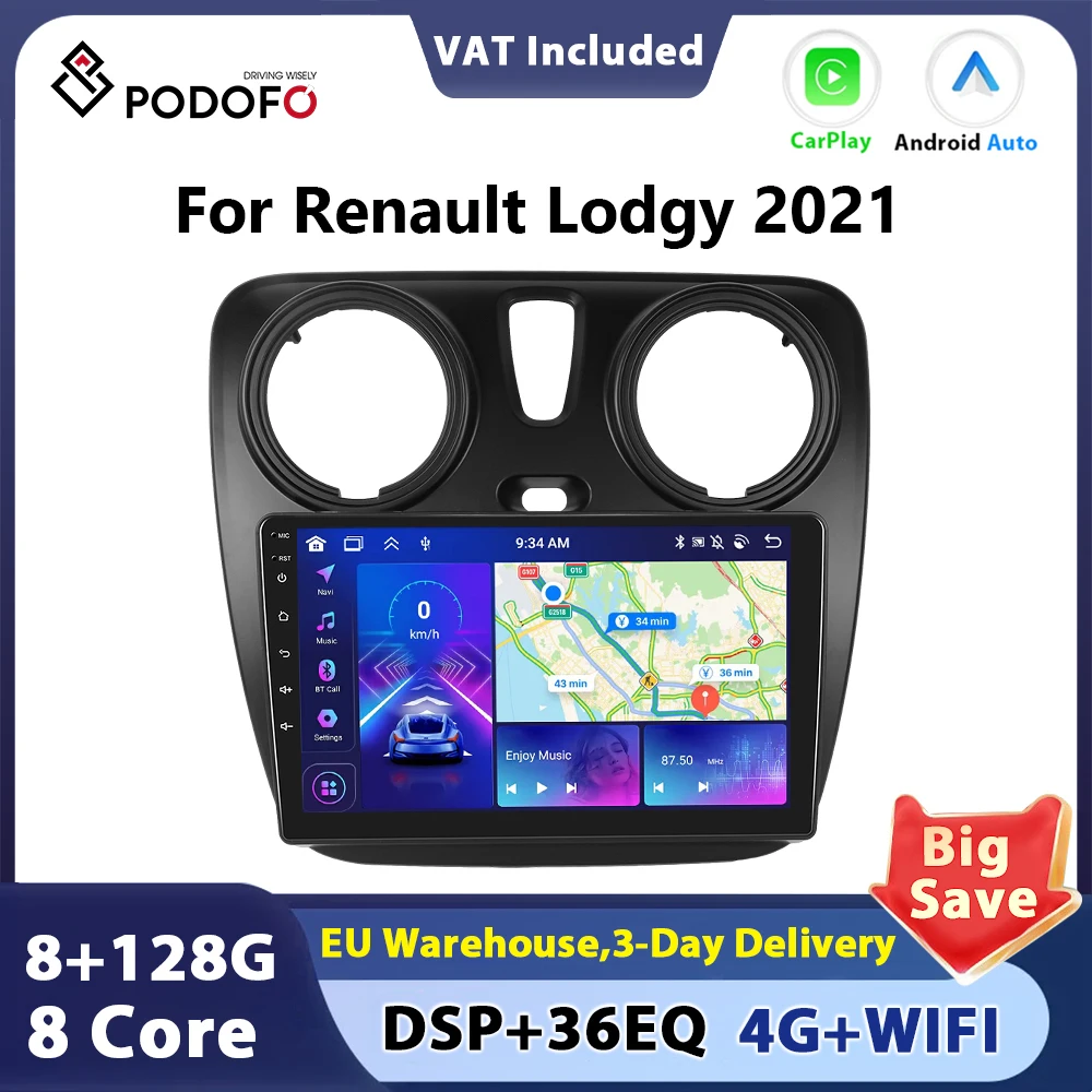 Podofo Autoradio Senza Fili Carplay Stereo Per Renault Lodgy 2021 Dokker 2012-2020 di Navigazione GPS RDS HIFI 2din autoradio HeadUnit