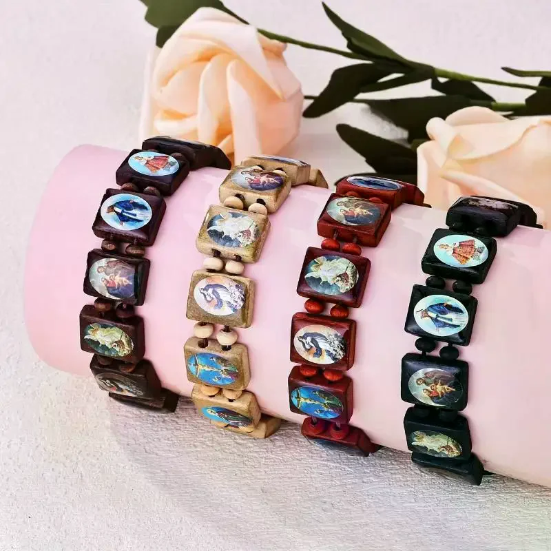 Bracelet chapelet - Élégants autocollants d'icônes religieuses, finition émail goutte d'huile, bijoux de prière spirituels perlés pour usage dévotionnel en bois
