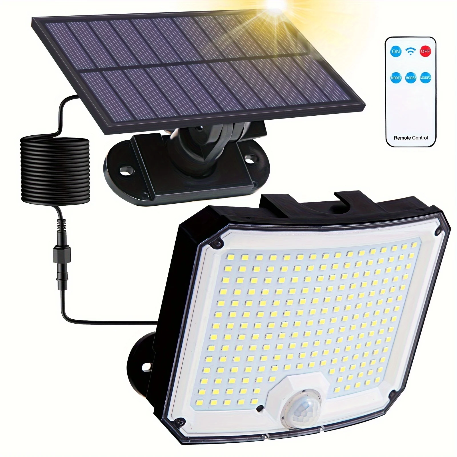 

208LED Solar Outdoor Motion Sensor Wall Lamp with Remote Control, 5-Meter Cable, 3 Lighting Modes Street Light, 270° Wide Angle